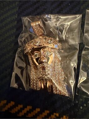 Gold-Tone Jesus Face Pendant with Clear Crystals
